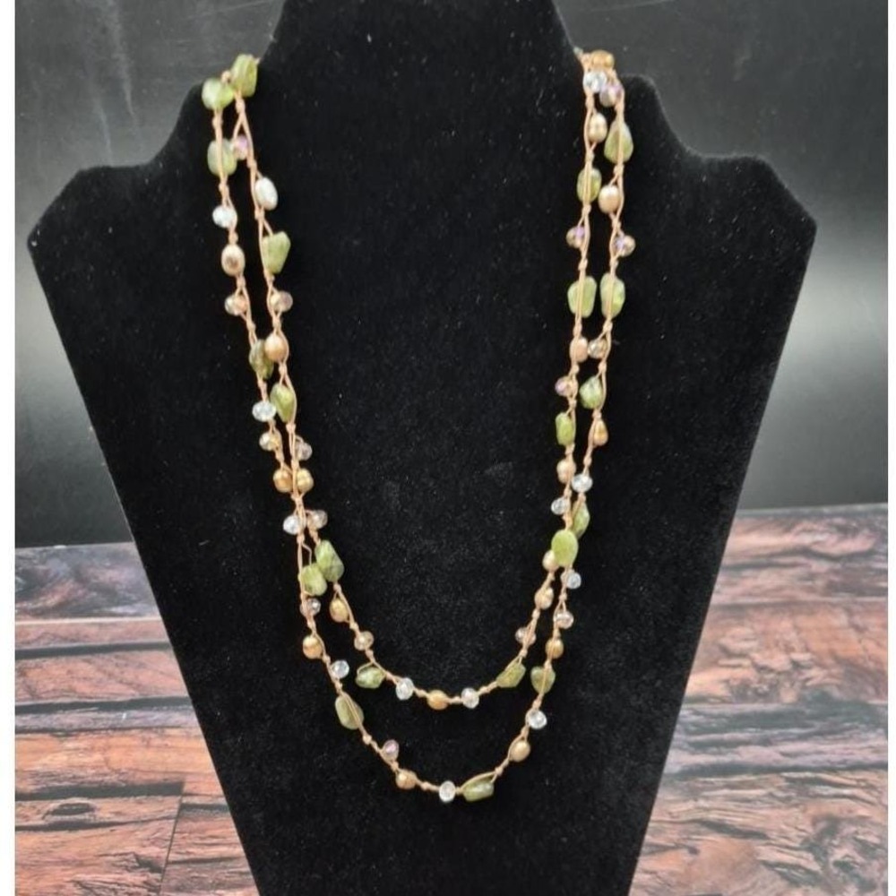 Vtg Crochet Beaded Necklace 42" Brown Thread Green Gold Faux Pearl Boho Layer